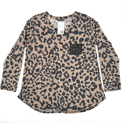 NWT Heimish USA Women's Leopard Pullover Sweater 2XL Plus V-Neck Sequin Pocket