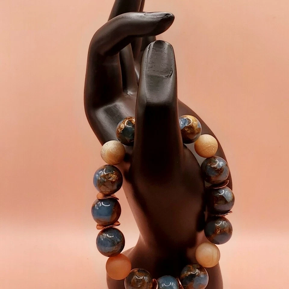 Pulsera de jaspe, ágata druzy y cuentas de cobre con impresión verde azulado Foto 2 de 3
