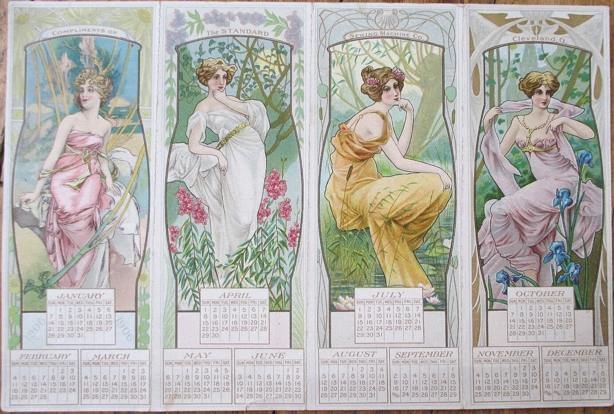 Art Nouveau Women 1906 Sewing Machine Advertising Calendar, Color