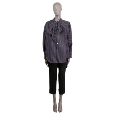 67372 auth BALENCIAGA grey cotton NEW SWING STRIPED PUSSY BOW Blouse Shirt  42 L