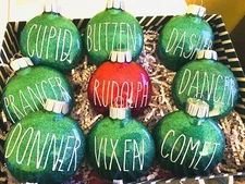 Set Of 9 Rae Dunn Inspired - Santa’s Reindeer Christmas Ornaments