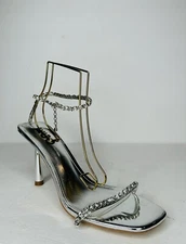 EGO Women’s Silver Stiletto Heel Square Open Toe Rhinestone Ankle Strap 10 M New