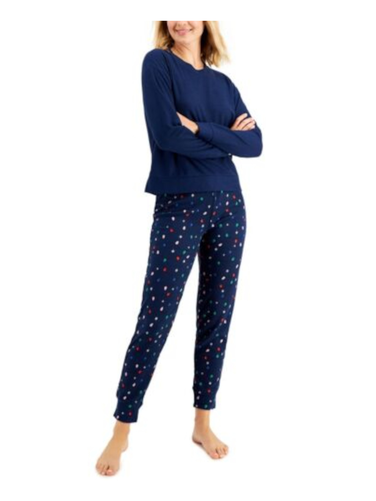 JENNI Sets Navy Solid Long Sleeve Crew Neck T-Shirt Cuffed Sleepwear  Size XS