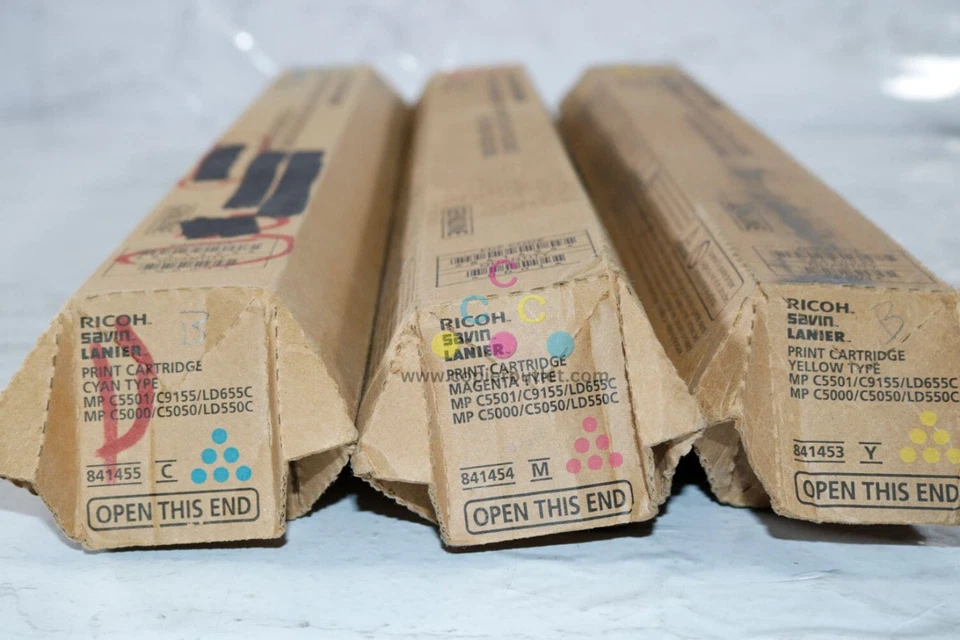 Cosmetic OEM Ricoh MP C5000,C5501,C9155,LD655C CMY Toners 841453,841454,841455 - Image 3 of 4