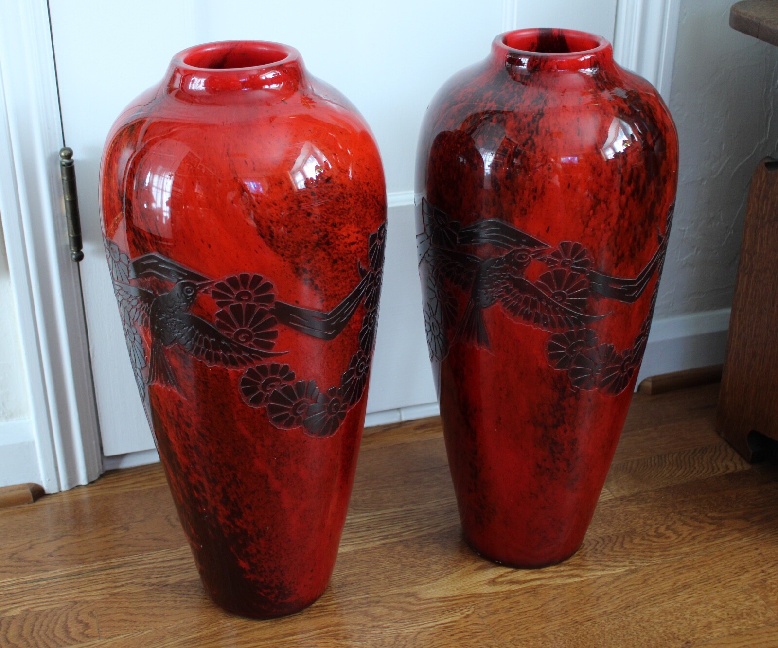 LEGRAS FRENCH GLASS ART DECO RED CAMEO BIRD VASES SPECTACULAR OLD PAIR