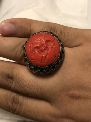 Ancient tribal afghan bronze giant ring with Coral natural stones