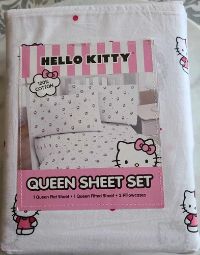 Hello Kitty Pattern White Queen Bed Sheet Set 100% Cotton NWT
