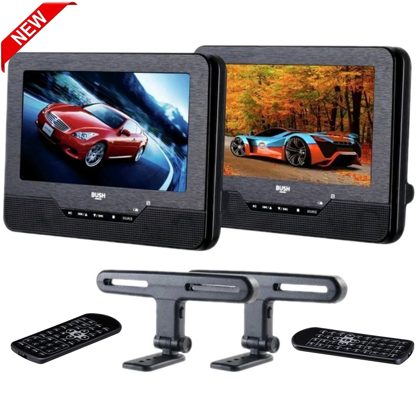 Bush 7"" Dual Screen In-Car DVD Player Rechargeable + Car Charger + DC Charger