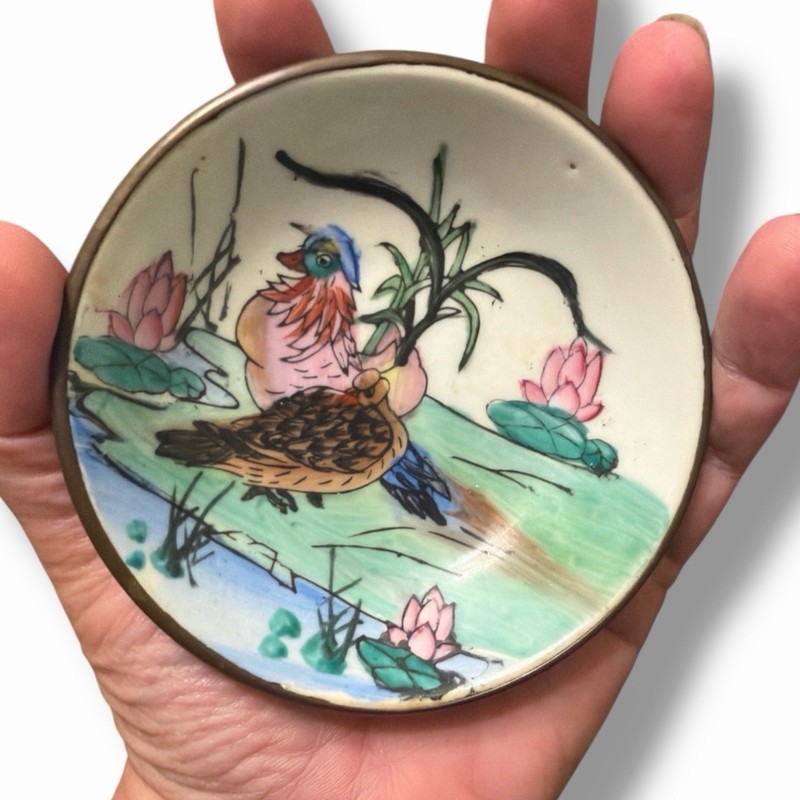 Vintage Chinese Porcelain Bowl Encased In Brass W/ Birds & Lotus Native Arts Inc