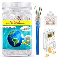 RJ45 Cat6a Pass Through Ethernet Connector 8P8C Gold Plated UTP 100 Pack