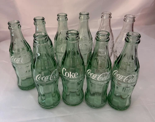 Vintage 8 Green Glass Coca-Cola  Bottles 6fl oz.  2 Clear All Different Location