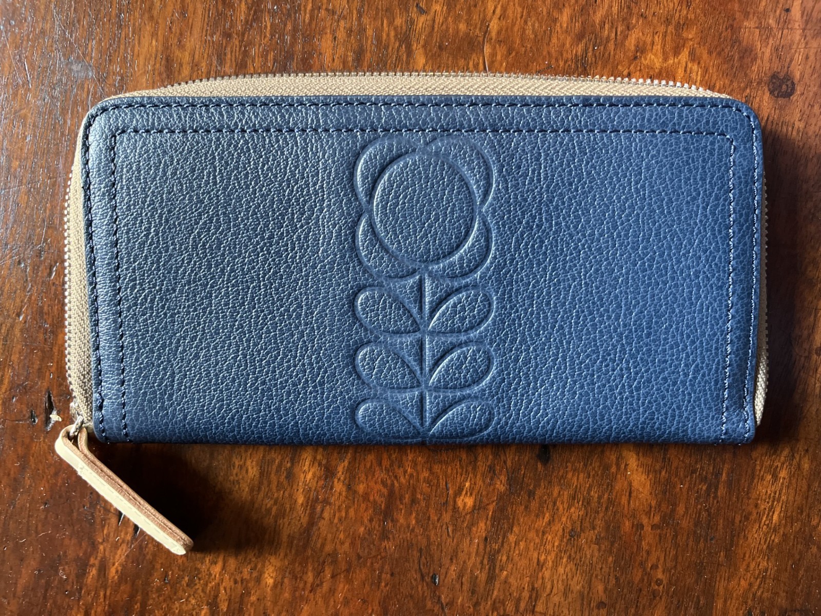 Orla Kiely Leather Blue Flower / Stem Embossed Zip Purse Wallet