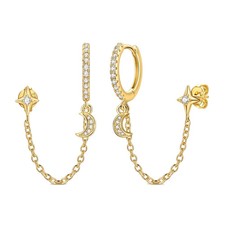 Star Moon Chain Hoop Earrings 925 Sterling Silver Simulated Zirconia Jewelry