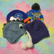 Dinosaurs Beanie Hats Winter Blue Green Poms Ear Flaps Lot Of 4
