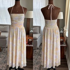 Pastel Watercolor Floral Mesh Halter Midi Dress Ruched Summer Girly Whimsy Small