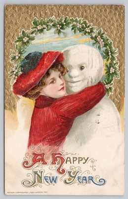 Winsch Snowman 1911 A Happy New Year Postcard Schmucker Woman Embossed New York