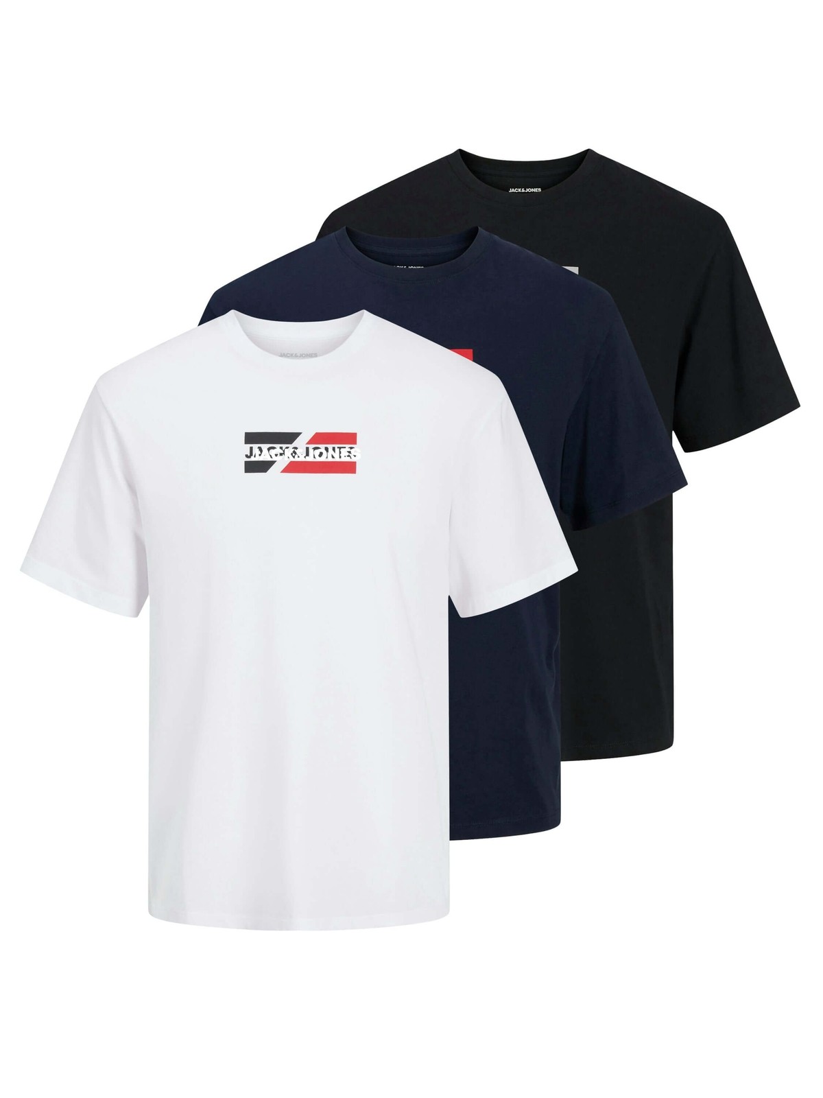 Jack & Jones JJECORP Graphic Crew Neck T-Shirt 3 Pack in White Navy Black