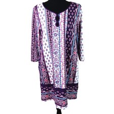 Ellen Tracy Purple Floral Paisley Striped Dress Keyhole 3/4 Sleeves Boho Medium