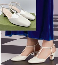 GUCCI DOUBLE G INTERLOCKING LOGO Slingback Heel Pump White Leather EU 38.5