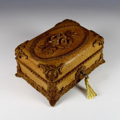 Antique French Molded Wood Sewing Box with Contents and Working Key