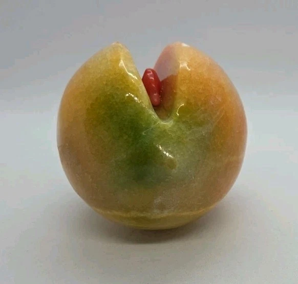 Italian Alabaster Peach Stone Fruit Wooden Stem Marbled Yellow Orange VTG MCM - Image 4 of 4