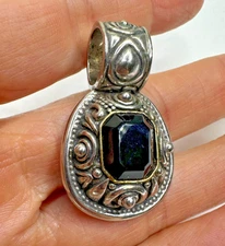 JC Pendant Black Emerald Cut Glass Filigree Chunky Charm Silver Tone Stunning