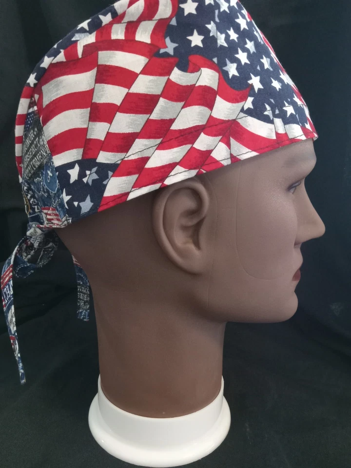 Men's Skull Cap.  Patriotic American Flag.  Very Colorful.  Elastic with Ties. - Image 3 of 3