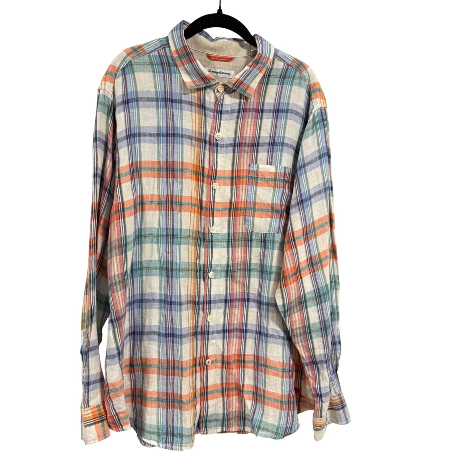Tommy Bahama Madera Beach Plaid Men's Linen Shirt in Orange Spark Size XL