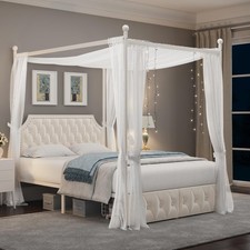Full Upholstered Canopy Bed Frame with 2 Drawers and Button Tufted Headboard,...
