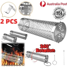 2X Rolling Grill Basket BBQ Net Cylinder Barbecue Grilling Meat Vegetables Cage