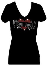 BON JOVI RHINESTONE BLING WOMENS VNECK SHORT SLEEVE TEE SHIRT