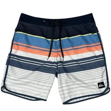 Quicksilver Men  s Boardshorts Blue White Striped Drawstring Logo 36in
