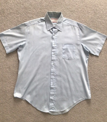 #ad VTG Sears Perma Prest Shirt Mens 16.5 Blue Woven Stripes Button Up Short Sleeve $17.95