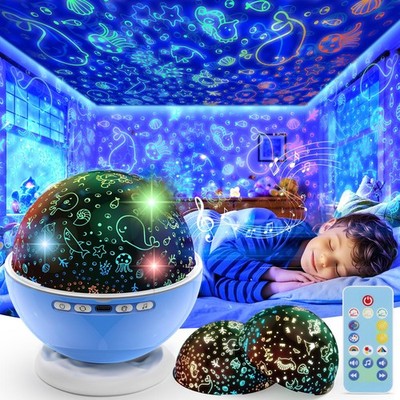 Blue Kids Night Light Projector Remote Timer 360 Rotation Lamp Lullaby Toy
