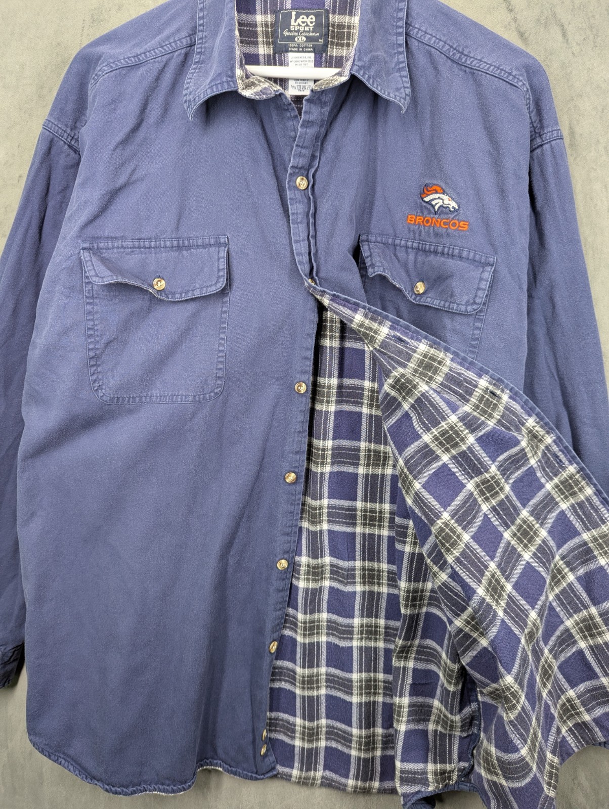 Lee Sport Denver Broncos Shirt Jacket XL Relaxed Fit Plaid Blanket Lined Vintage image 3