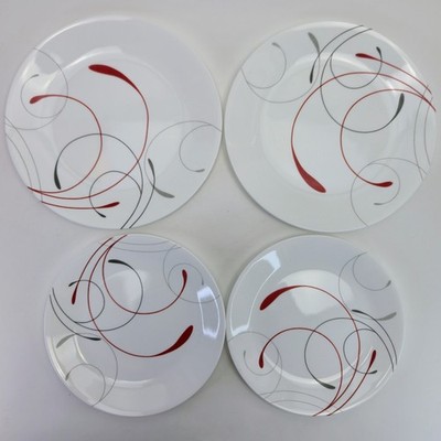 4 VTG Corelle Splendor 2X10  & 2X8.4'' Dinner & Salad Plates Red Gray Swirl White