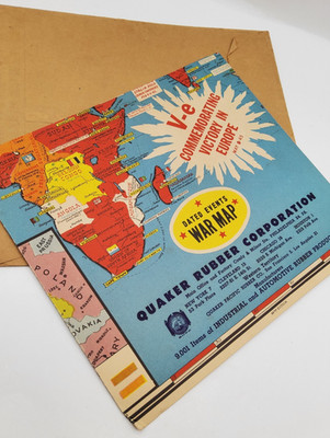 WWII V-E Day 1945 War Map Quaker Rubber Corp Vintage Dated Events WWII Map