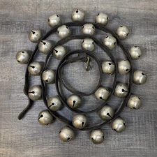 30 Antique Sleigh Bells 1¼" On 70" Genuine Leather Strap Buckle Horse Bells Vtg