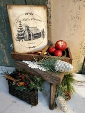 OLD PRIMITIVE VICTORIAN VINTAGE STYLE 1803 LOG CABIN CHRISTMAS CANVAS SIGN TREES
