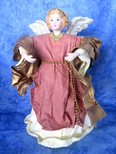 Angel Tree Topper,Paper Mache in Rose Robe with Gold Beads - So Pretty!