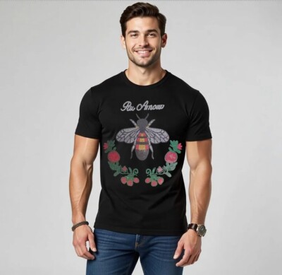 New Fashion Diamond Bee Rhinestone Luxury Men Black T-Shirt High Quality