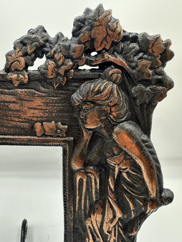 Vintage Cast Metal Art Nouveau Picture Frame Lady Lilies Flowers Copper Plated - Imagen 6 de 14