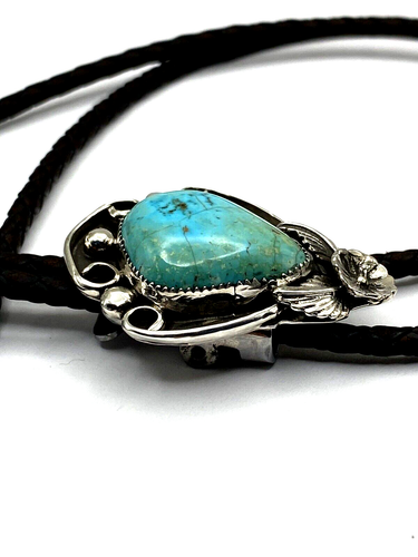 Cravatta Bolo turchese argento sterling stile sud-ovest applicazione floreale fatta a mano - Foto 7 di 16
