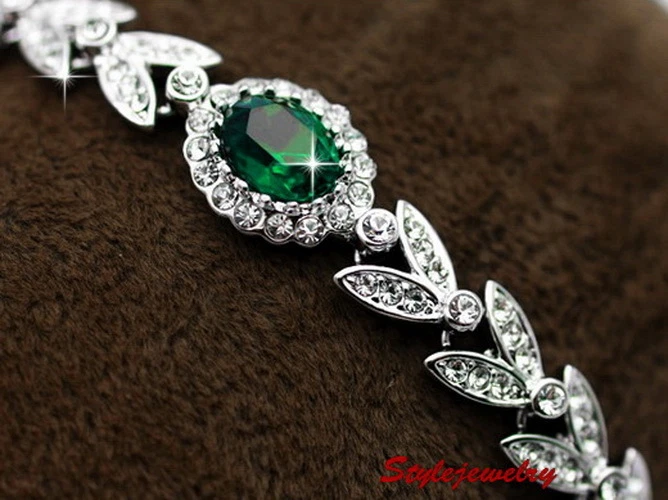 Винтажный теннисный свадебный комплект из 18-каратного белого золота с зеленым изумрудным кристаллом XS15 - Изображение 3 из 4