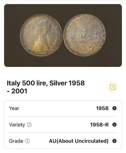 1958 ROME Centennial Republic Italy 500 lira 19.9 Sliver