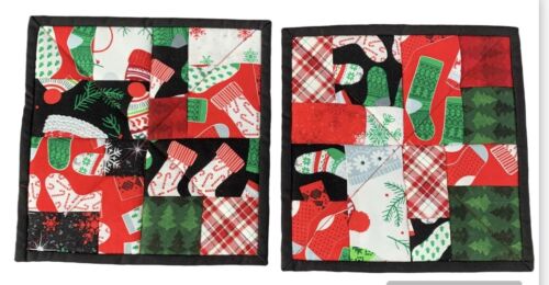 Handmade Quilted Pot Holders "Christmas Stockings" Set of 2 - FREE SHIPPING - Afbeelding 1 van 4