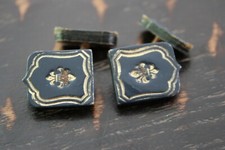 Vtg Estate Navy Blue/Gold Embossed Leather Fleur De Lis Design Cufflinks VGUC