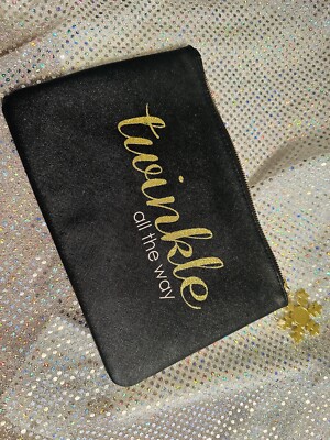 New Twinkle All The Way Large Cosmetic Bag Faux Black Leather Gold Embossed