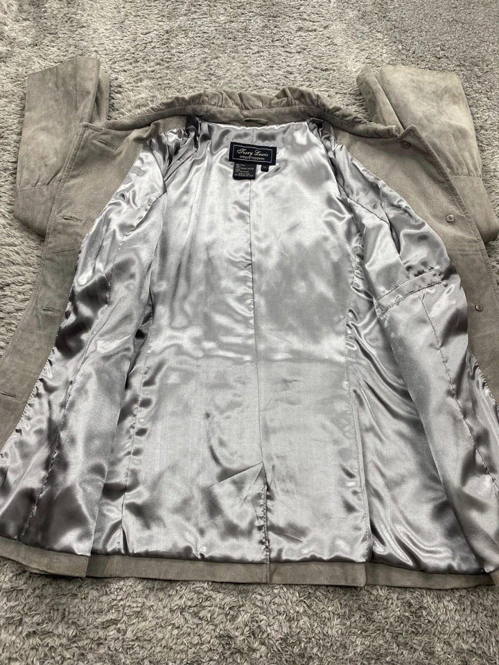 Chaqueta de cuero Terry Lewis para mujer 1X Plus gris gamuza forrada manga campana abrigo deportivo Foto 3 de 4