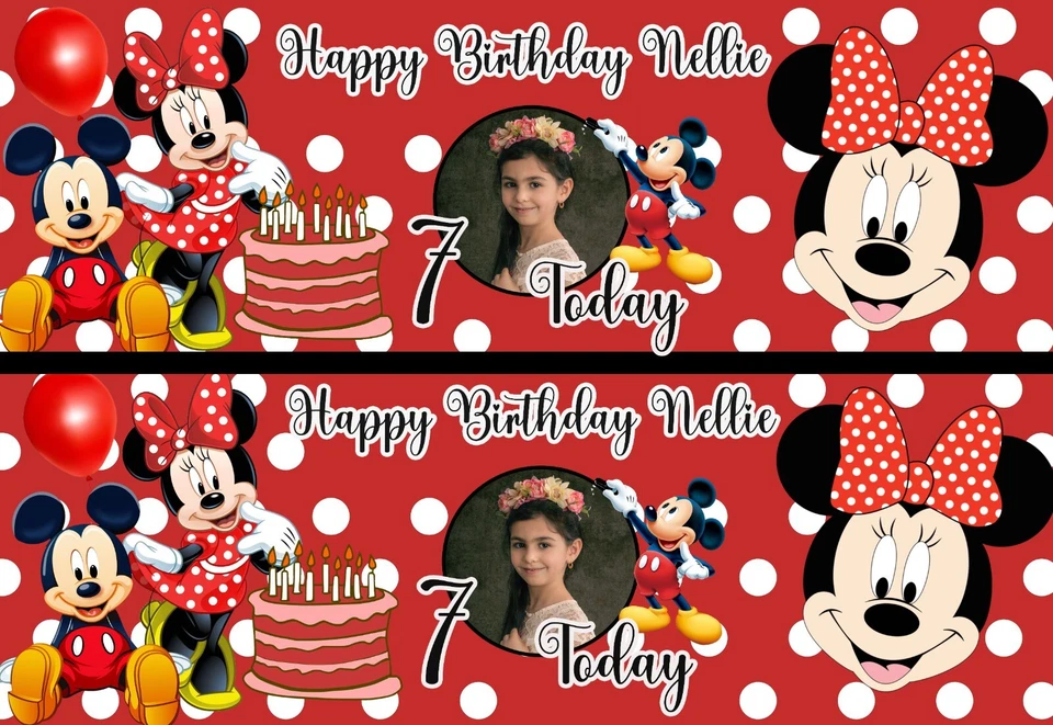 PERSONALPOLLY Personalised Minnie Mouse Birthday Banner x2 Photo Large Party Decoration Disney